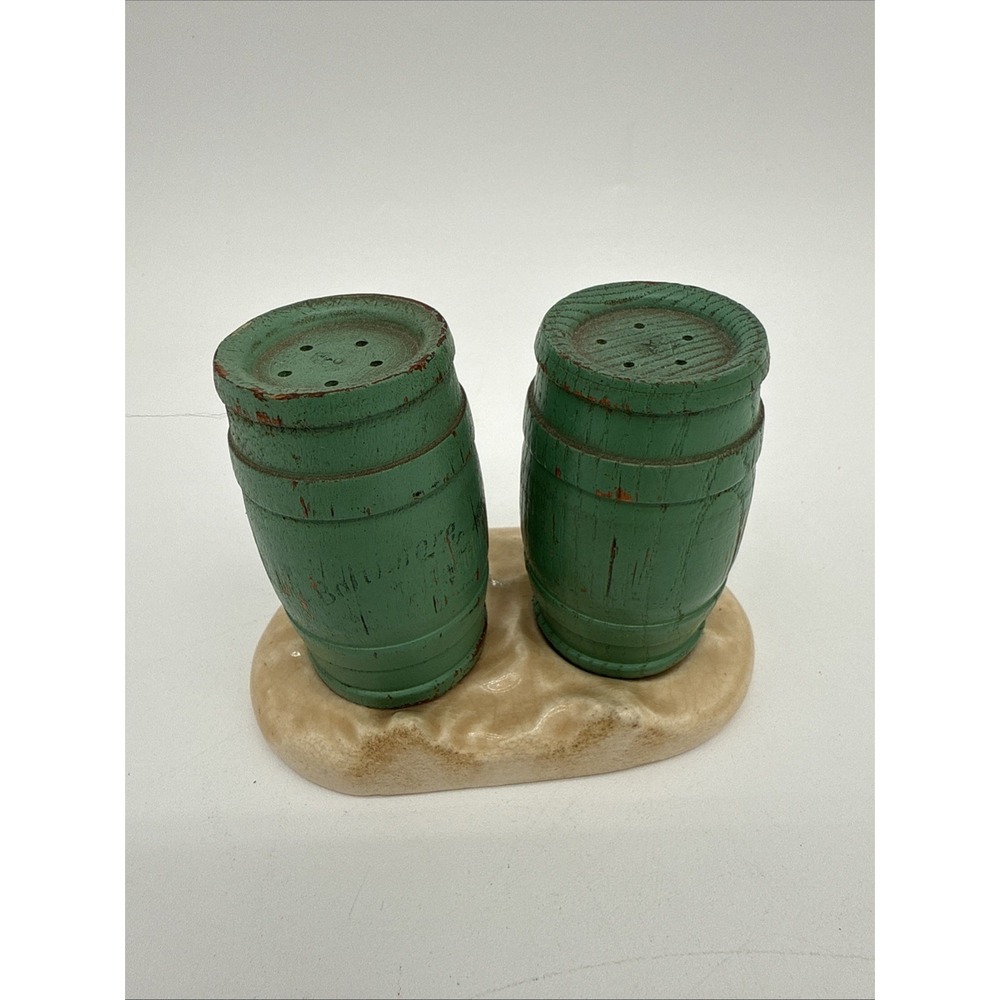 Pioneer Salt and Pepper Shakers Green Barrels Sitting On Stand Vintage